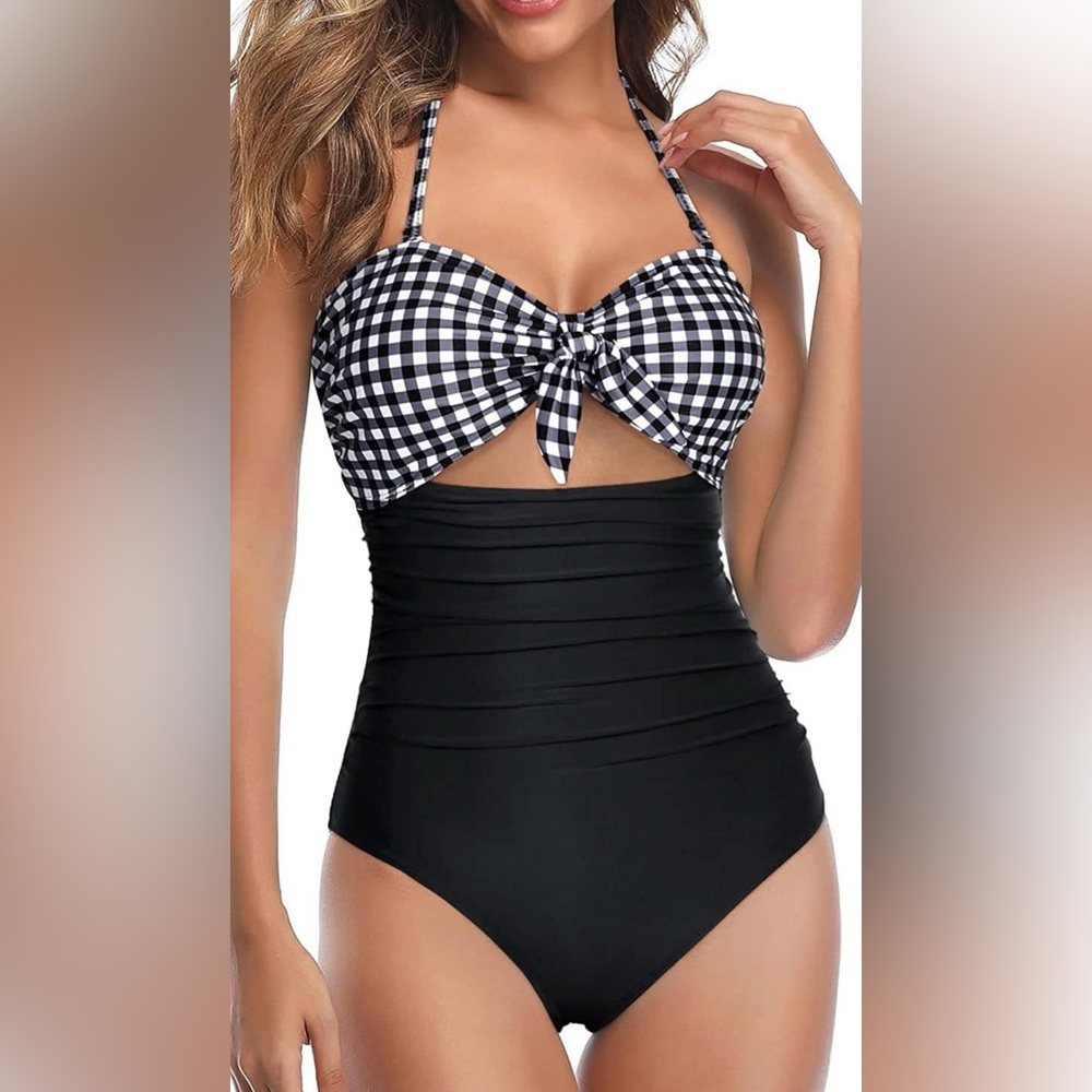 NWT Tempt Me Black Plaid Halter Front Tie Knot Tummy Control Swimsuit Women’s S